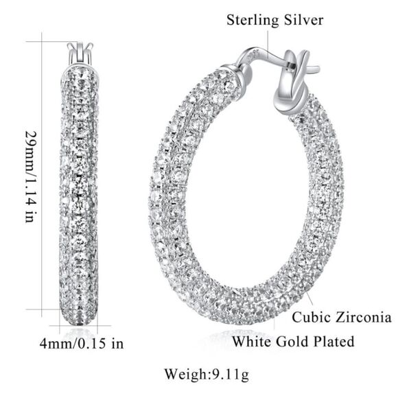 14K White Gold Sterling Silver with White Diamond Cubic Zirconia Hoop Earrings - Picture 6 of 6